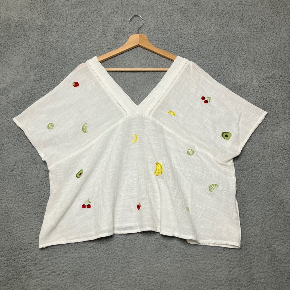 World Market Cotton Gauze Top Womens OS White V-Neck Boxy Embroidery Fruit NWT